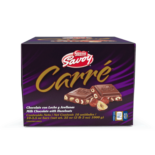 SAVOY® CARRÉ Avellanas Chocolate con Leche y Avellanas Display 10 Unidades de 100 g