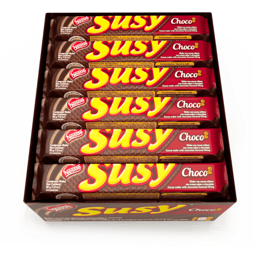 SUSY® Choco2 Wafer con Cacao Relleno con Crema Sabor a Chocolate Display 18 Unidades de 50 g SUSY® Choco2 Wafer con Cacao Relleno con Crema Sabor a Chocolate Display 18 Unidades de 50 g