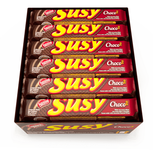 SUSY® Choco2 Wafer con Cacao Relleno con Crema Sabor a Chocolate Display 18 Unidades de 50 g
